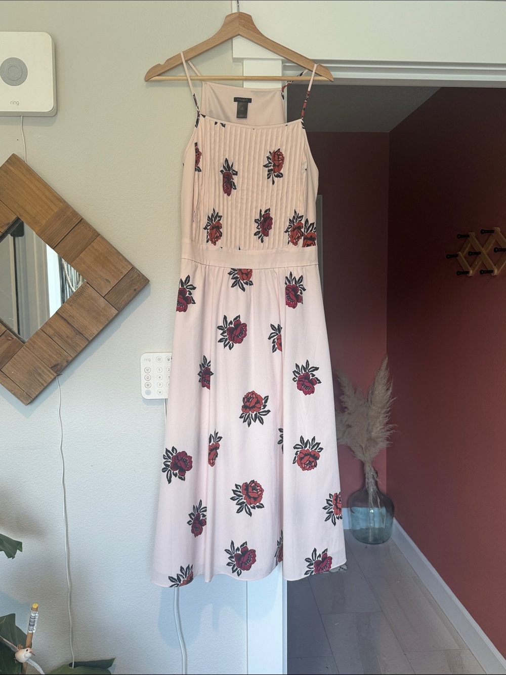 Ann Taylor Ivory/ dusty pink Midi Dress with Red Rose Print